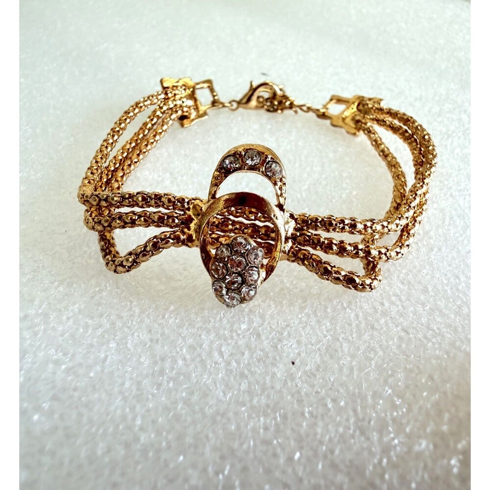 Gold Tone Multi Strand Popcorn Chain Bracelet Rhinestone Buckle Motif